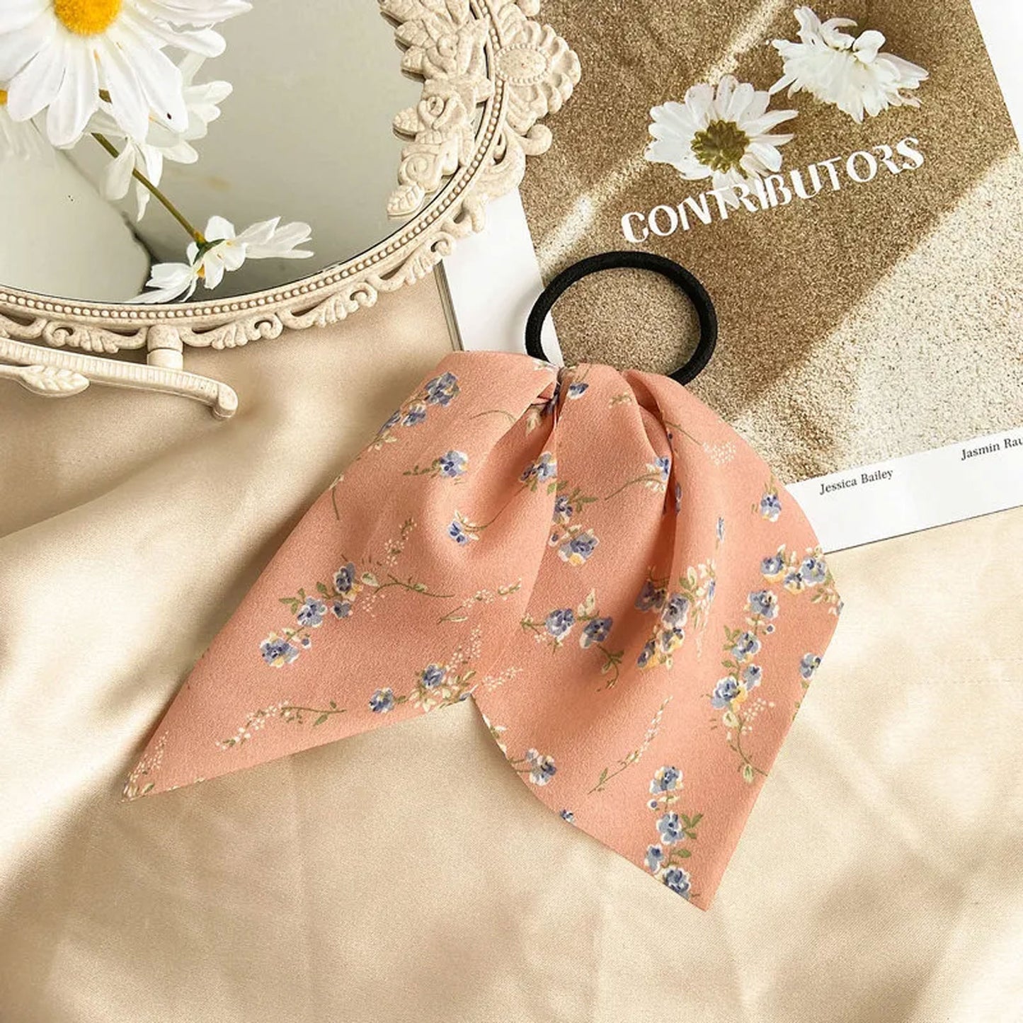 Élastique Foulard pour Cheveux à Ruban en Voile Fleuri Romantique Rose Pêche