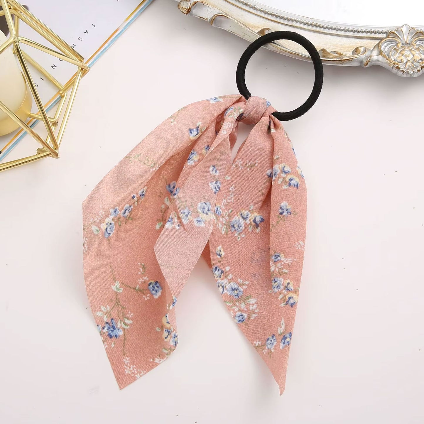 Élastique Foulard Elodie à Ruban Fleuri Rose Pêche
