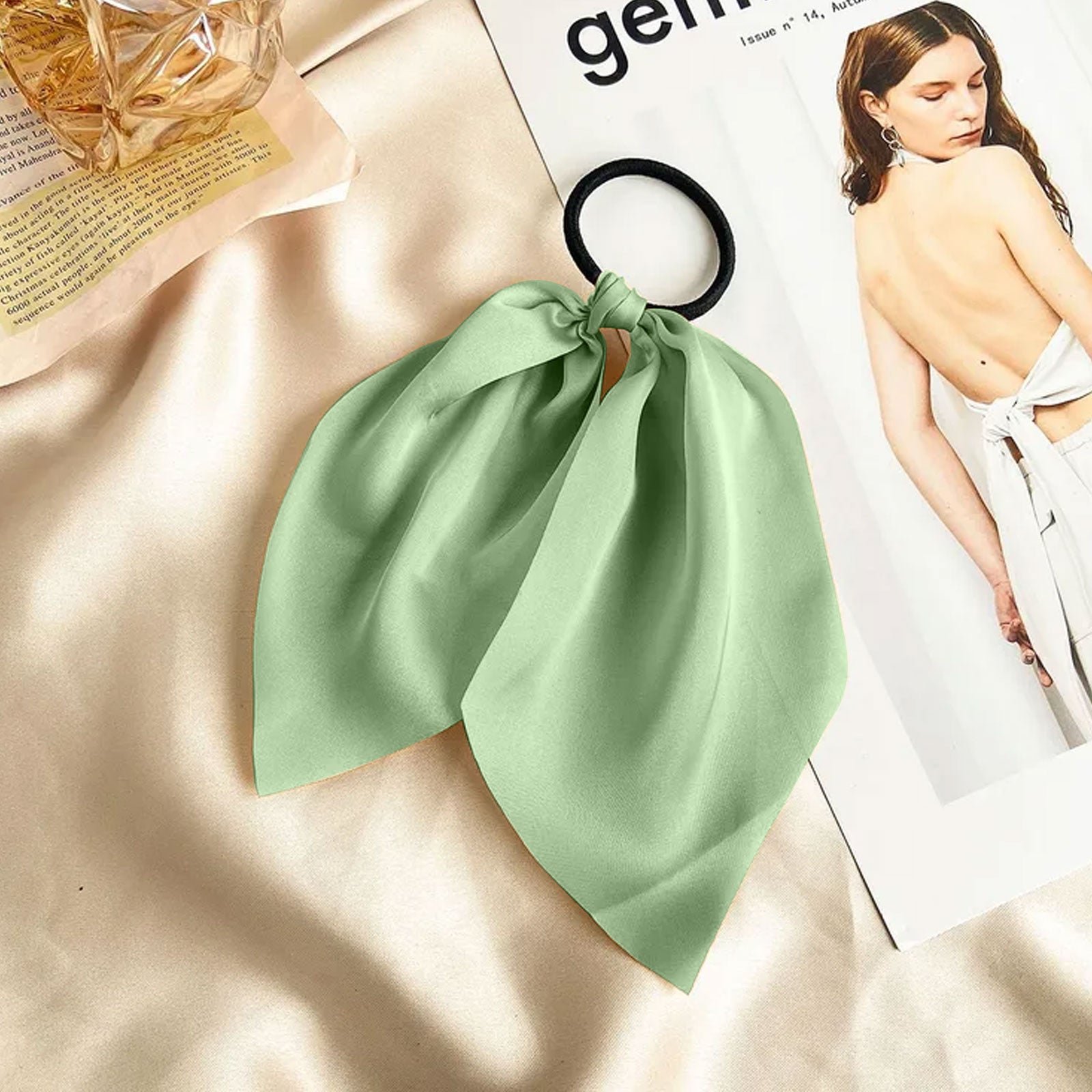 Élastique Foulard pour Cheveux à Ruban en Satin Uni Vert Sauge