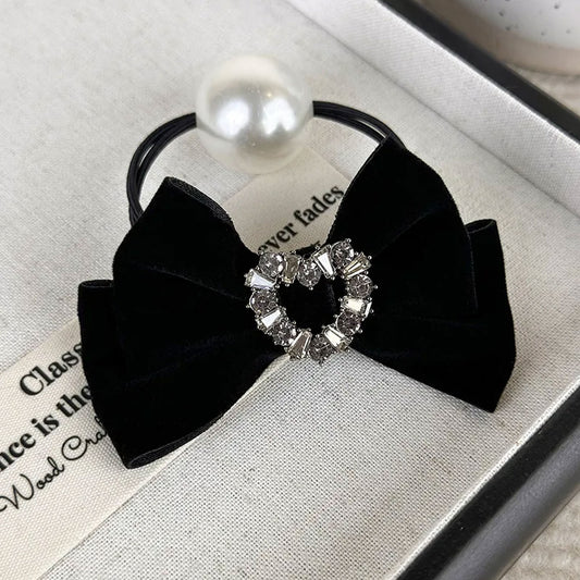 Élastique Casual pour Cheveux à Perle avec Cœur en Strass et Nœud en Velours Vintage Noir