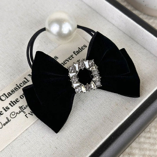 Élastique Casual pour Cheveux à Perle avec Strass Carré et Nœud en Velours Vintage Noir