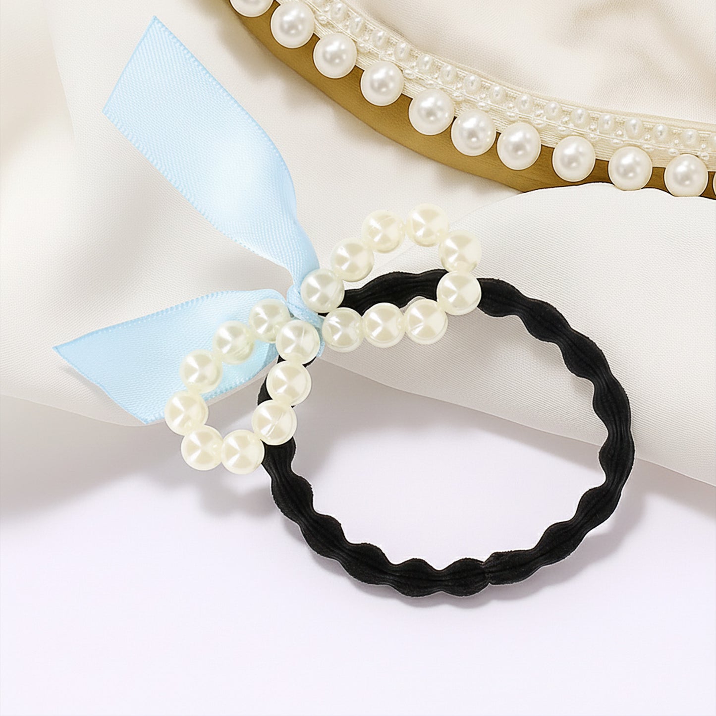 Élastique Vintage Blair à Nœud en Satin Perlé Bleu