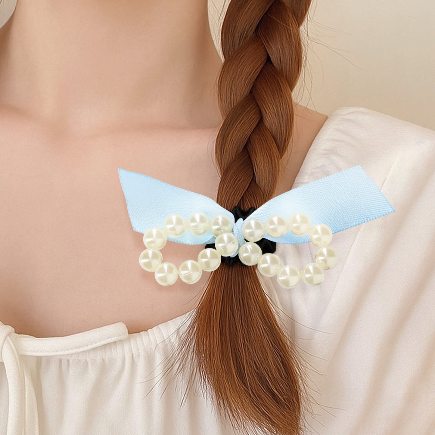 Élastique Vintage Blair à Nœud en Satin Perlé Bleu