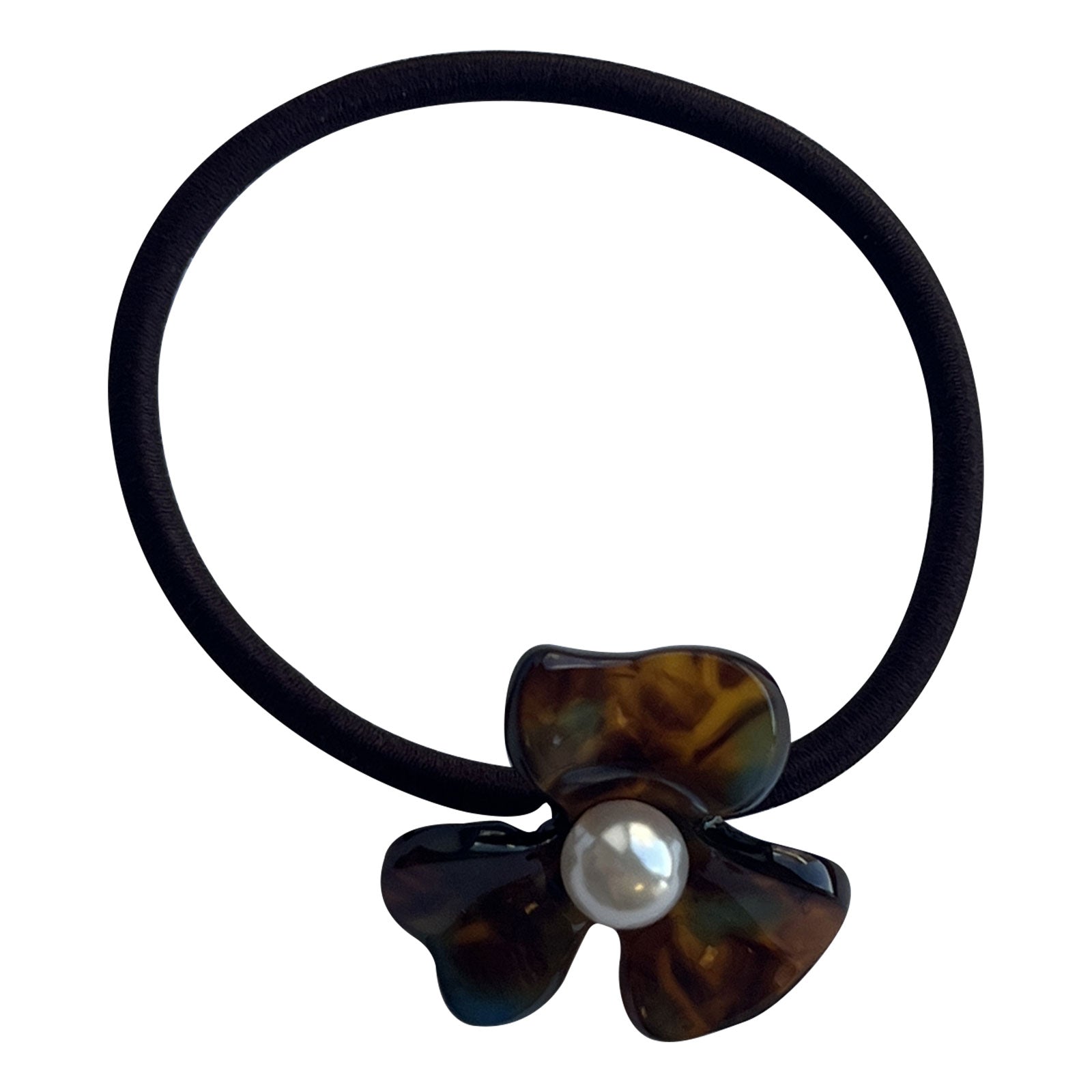 Élastique Casual pour Cheveux avec Fleur Ambre Nacrée et Perle Exquis Bleu et Brun