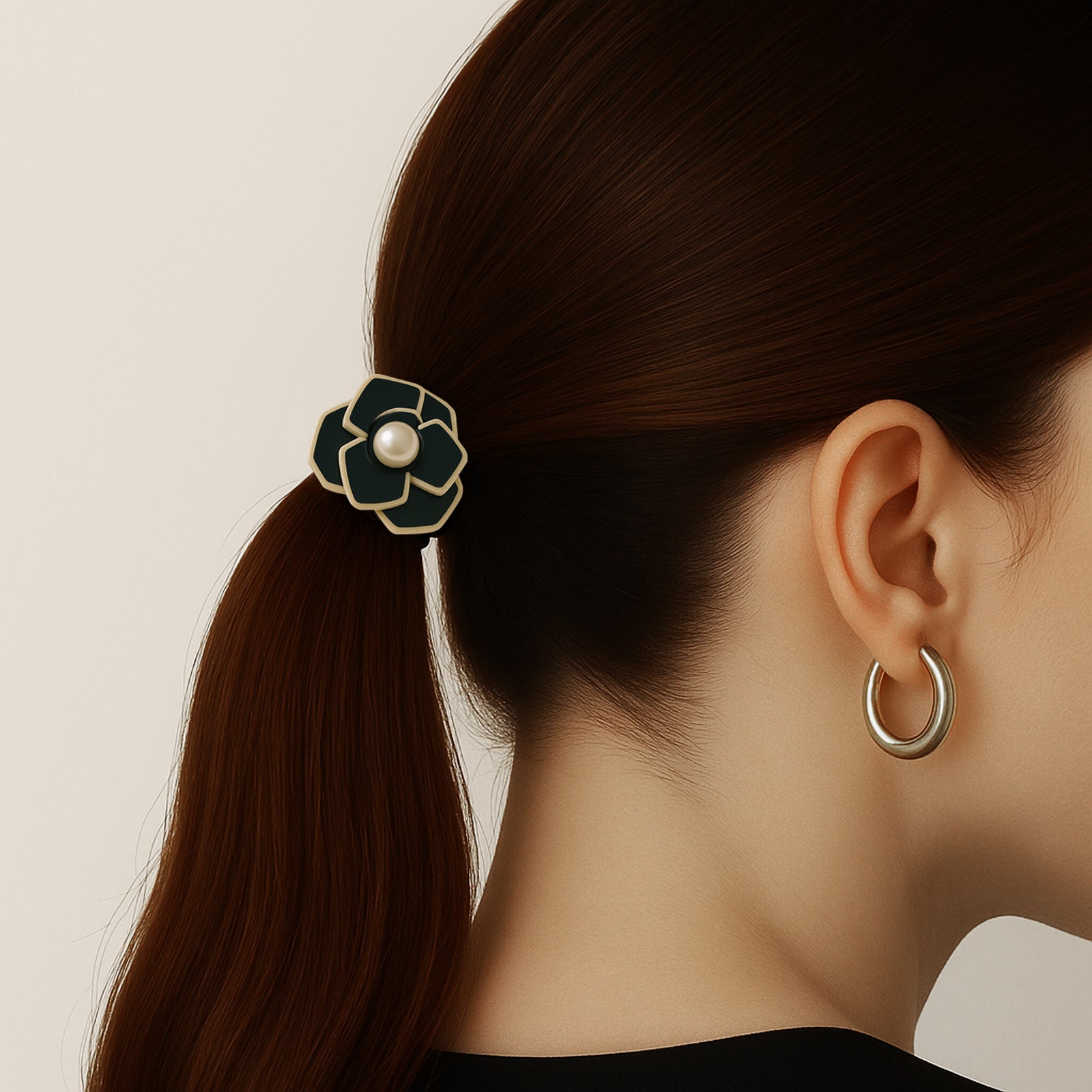 Élastique Casual pour Cheveux avec Fleur Irisée Noir Perlé à Bordure Fine Épuré Noir