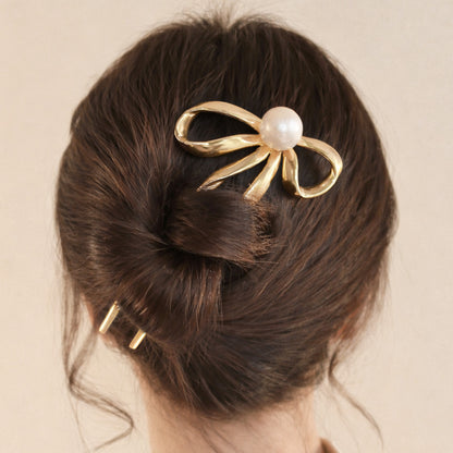 Épingle à Chignon Dorée Ruban Douceur en Nœud avec Perle