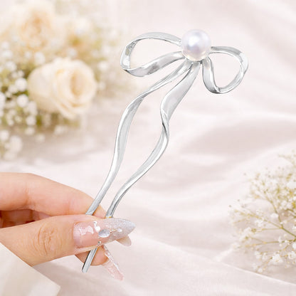 Épingle à Chignon Argentée Ruban Douceur en Nœud avec Perle