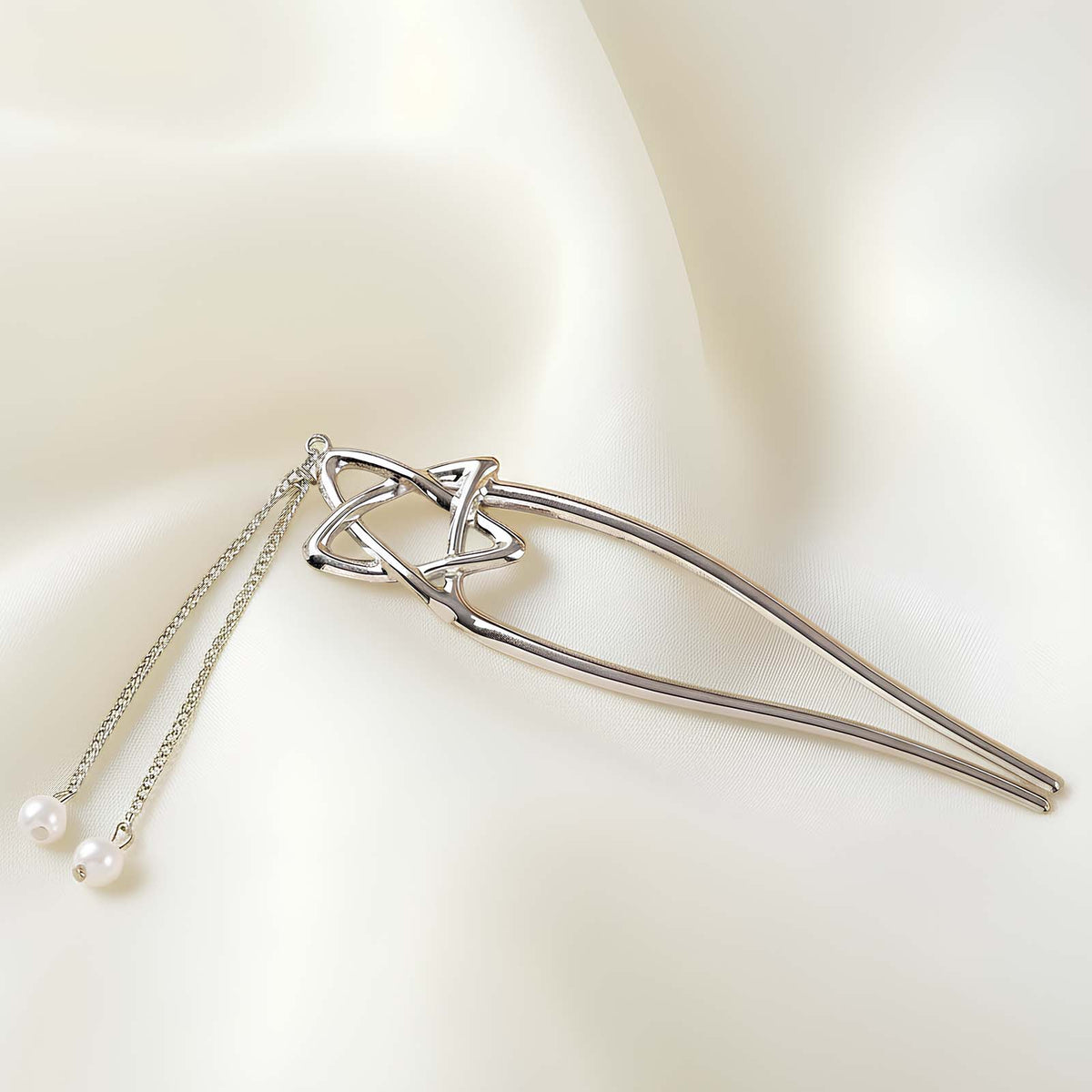 Épingle à Chignon Argentée Polaris Étoile avec Chaînes Perlées
