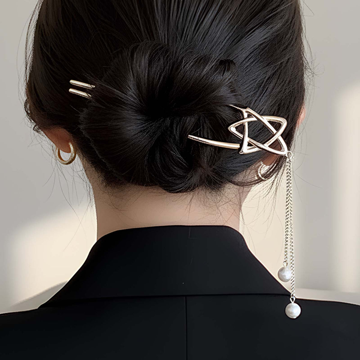 Épingle à Chignon Argentée Polaris Étoile avec Chaînes Perlées