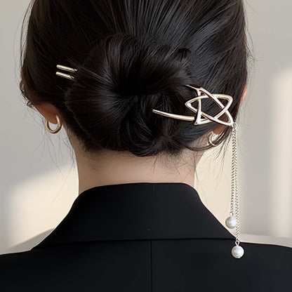Épingle à Chignon Argentée Polaris Étoile avec Chaînes Perlées