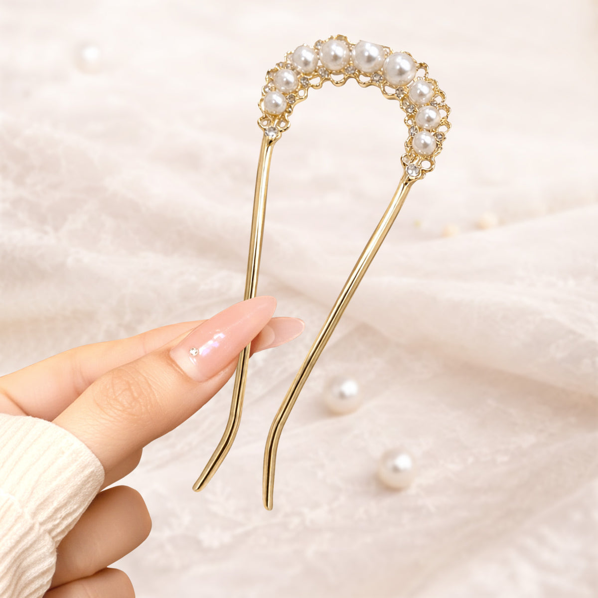 Pic à Chignon Doré Perle & Or avec Demi-arceau de Perles