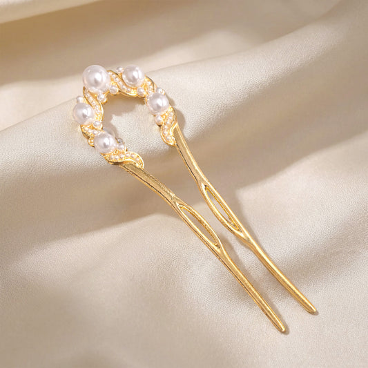 Pic à Chignon Doré Silhouette Perlée avec Demi-couronne de Perles