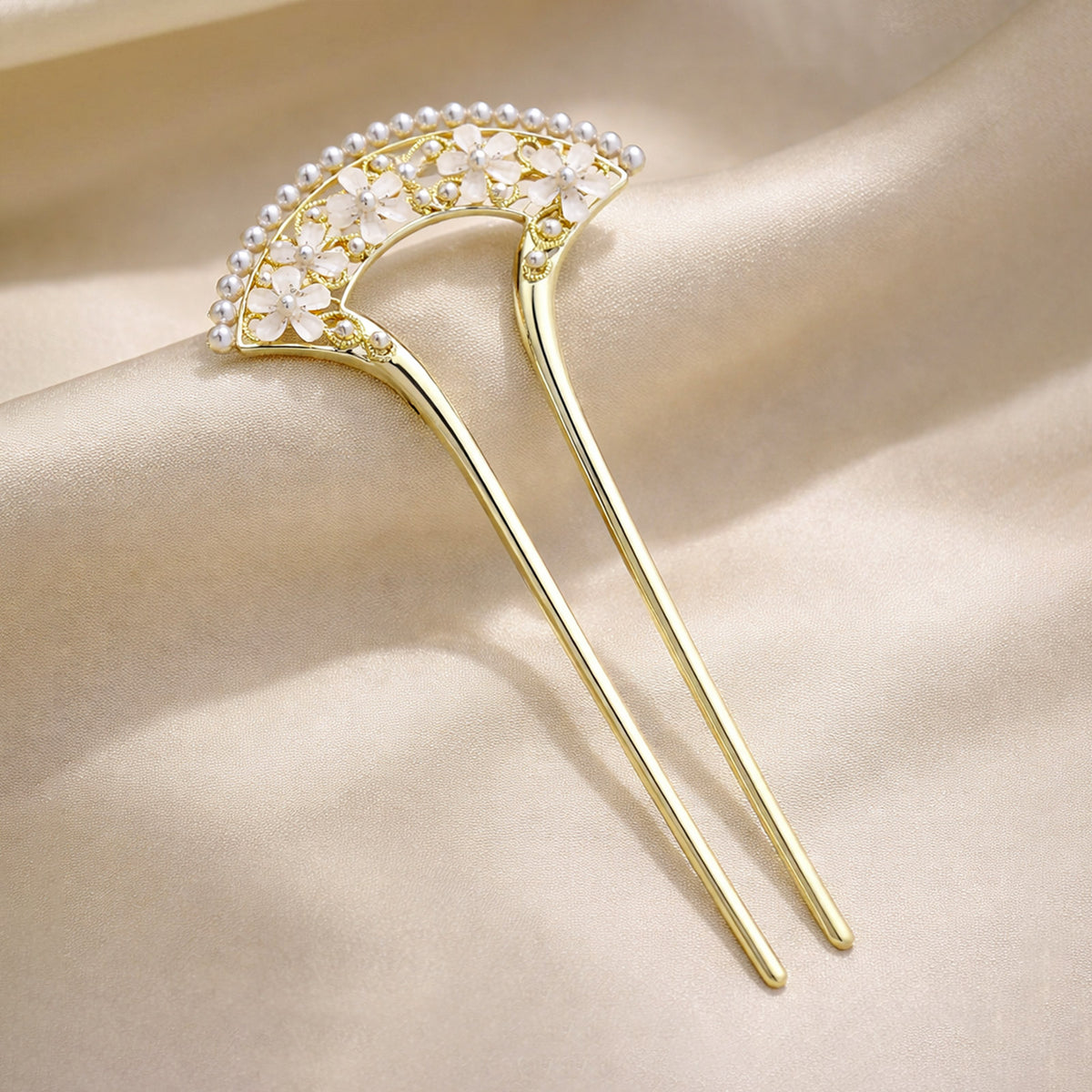 Épingle à Chignon Dorée Arc Fleuri Éventail de Fleurs