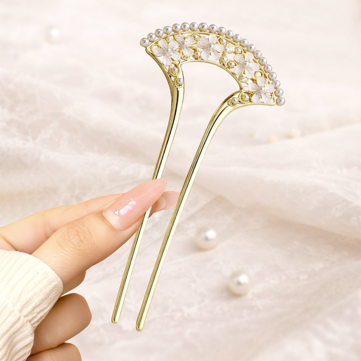 Épingle à Chignon Dorée Arc Fleuri Éventail de Fleurs