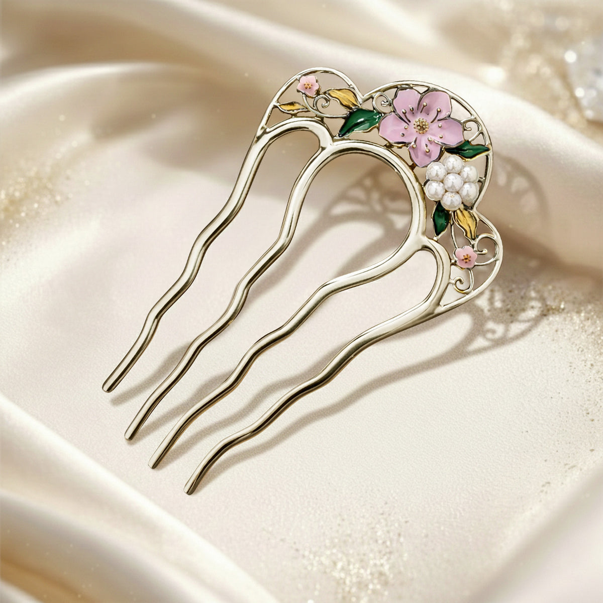 Peigne à Chignon Argenté Rosée Fleurie Style Japonais