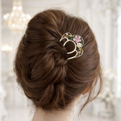 Peigne à Chignon Argenté Rosée Fleurie Style Japonais