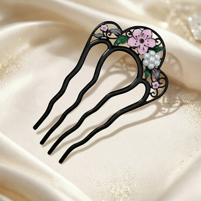 Peigne à Chignon Noir Rosée Fleurie Style Japonais