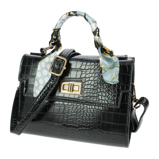 Sac Bandoulière Effet Croco à Foulard L'Exquise Noir