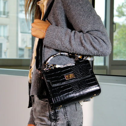 Sac Bandoulière Effet Croco à Foulard L'Exquise Noir