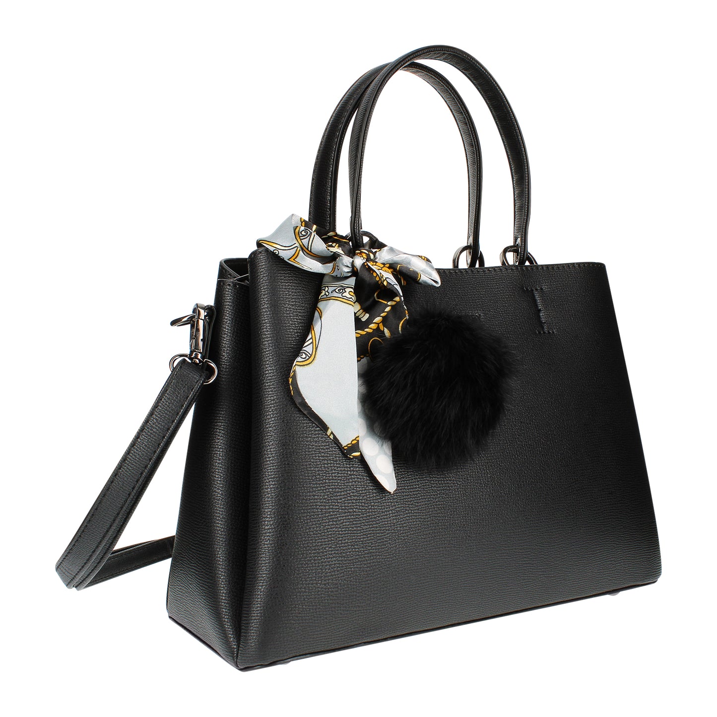 Sac à Main à Pompom et Foulard La Grâce Noir