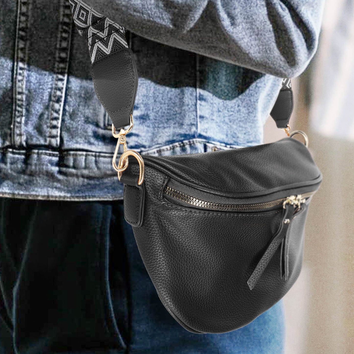 Sac Banane en Similicuir à Bandoulière Chevron Melissa Noir