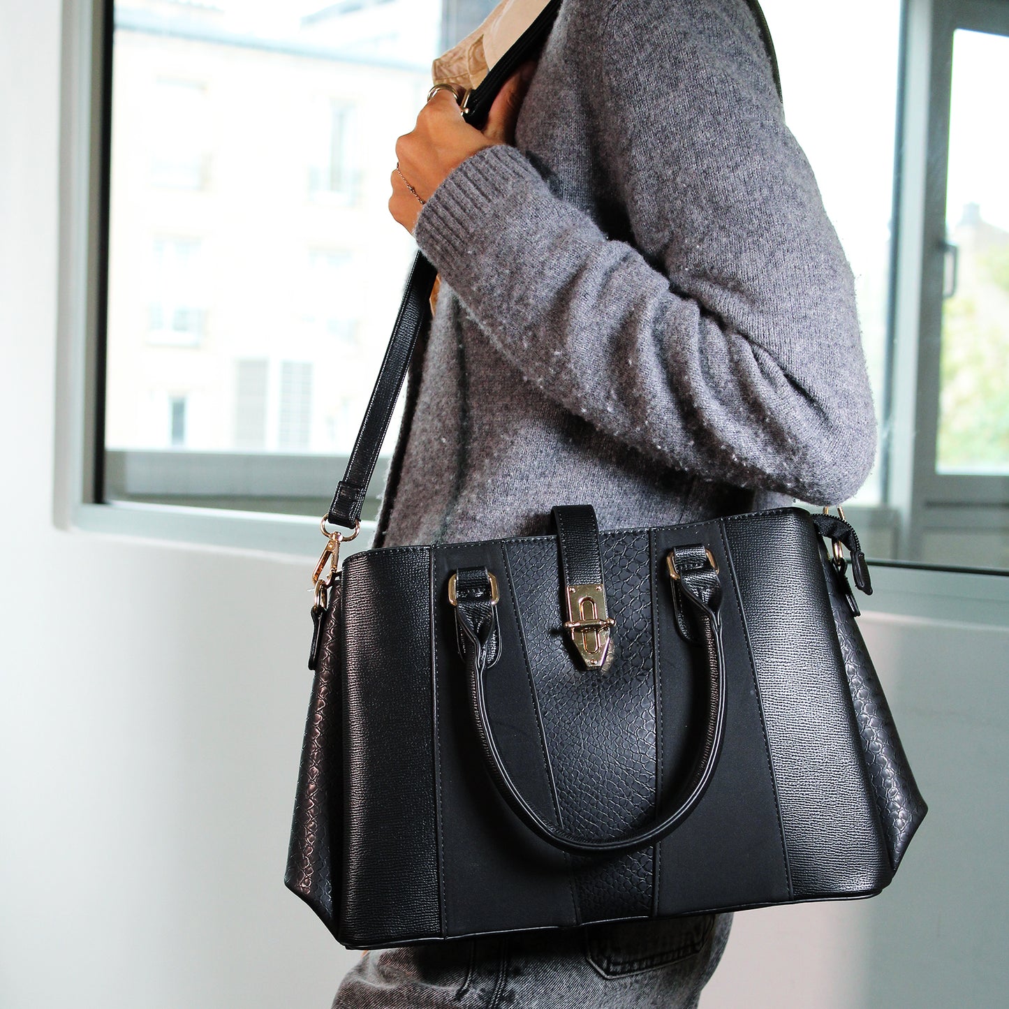 Sac à Main Fourre-Tout Multi-Texture Brielle Noir