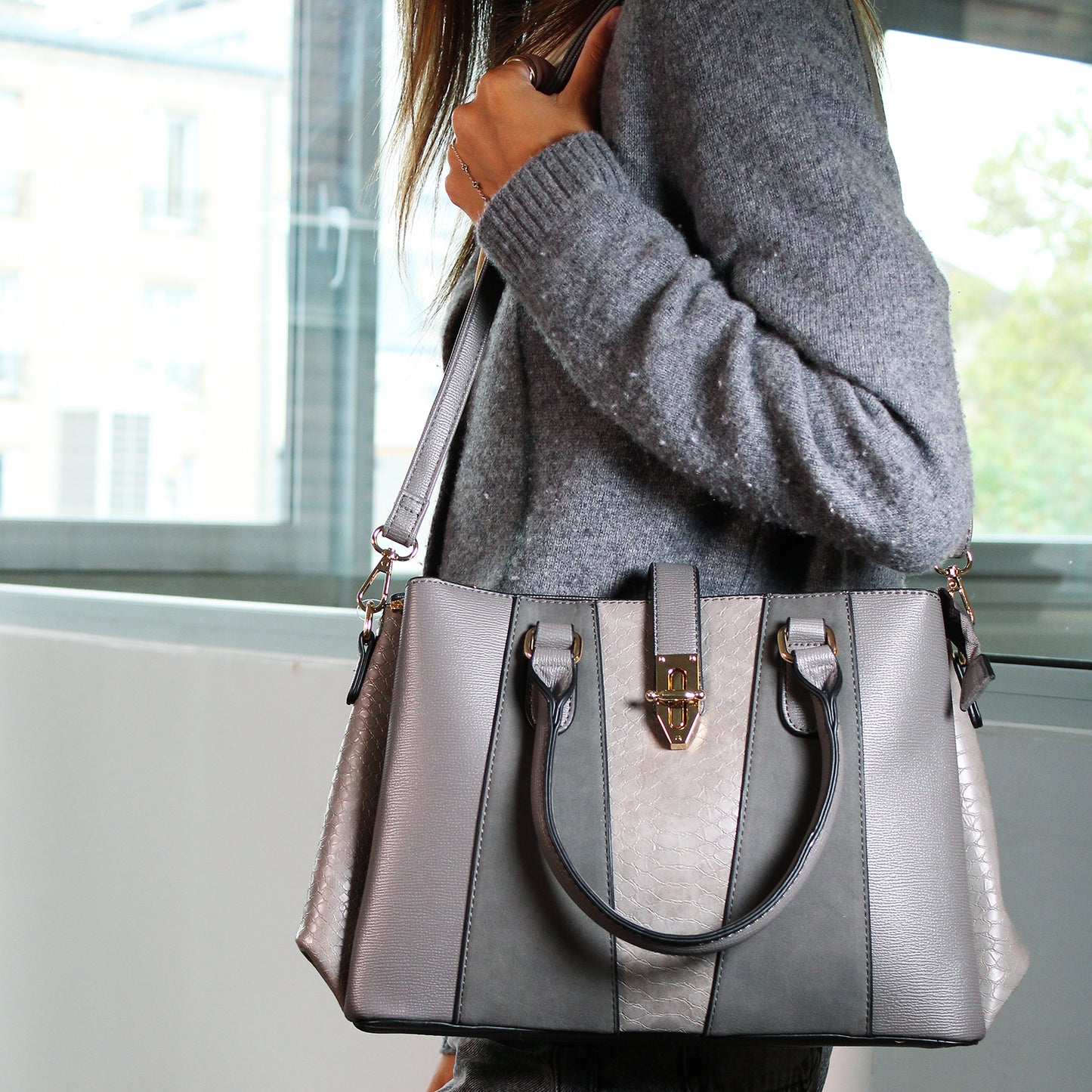 Sac à Main Fourre-Tout Multi-Texture Brielle Gris