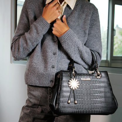 Sac Cabas à Texture Embossée et Marguerite La Majestueuse Noir