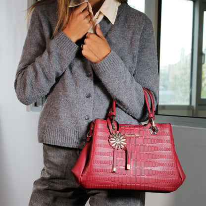 Sac Cabas à Texture Embossée et Marguerite La Majestueuse Rouge