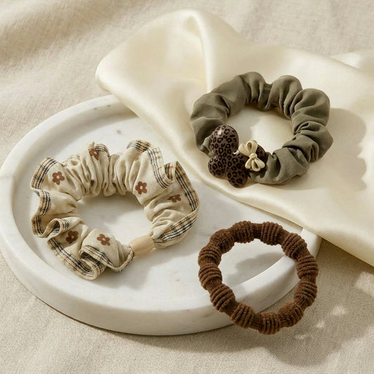 Lot de 3 Chouchous Casual Alice à Nœud et Charms Irisés Marron