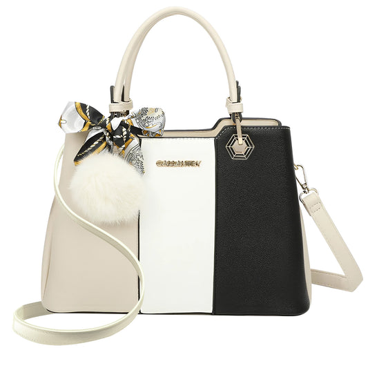 Sac Fourre-Tout Trois Teintes à Pompon La Nuance Beige-Blanc