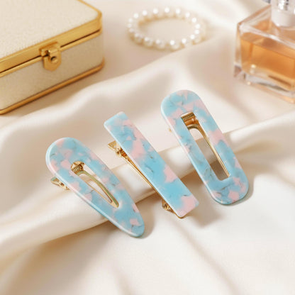 Lot de 3 Pinces Plates Azur en Résine Marbrée