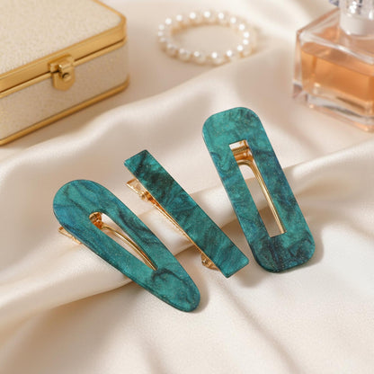 Lot de 3 Pinces Plates Émeraude en Résine Marbrée