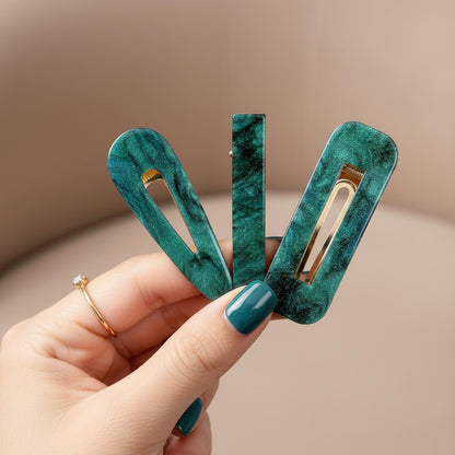 Lot de 3 Pinces Plates Émeraude en Résine Marbrée