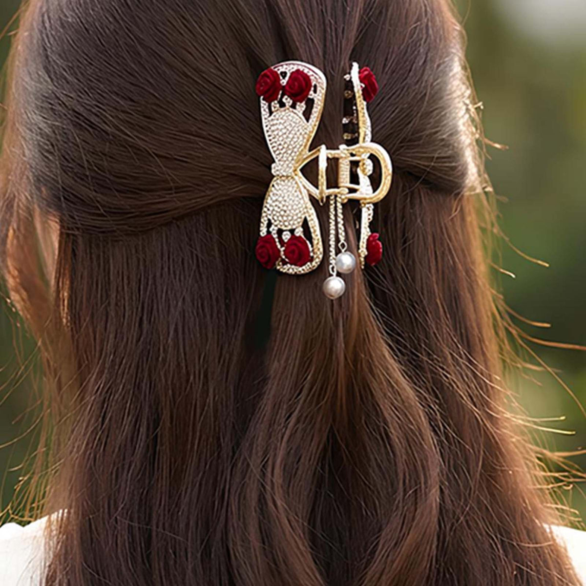 Pince Bijou Nœud Baroque Cristallisé aux Roses Velours