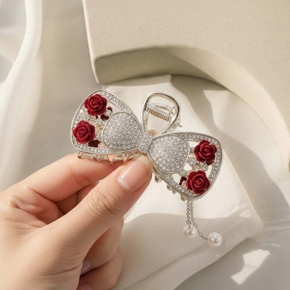 Pince Bijou Nœud Baroque Cristallisé aux Roses Velours