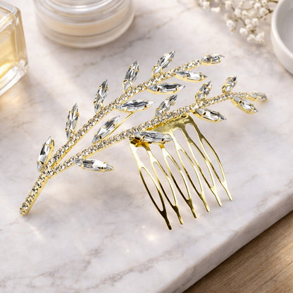 Broche Cheveux Rosée Dorée Feuille de Vigne Cristal