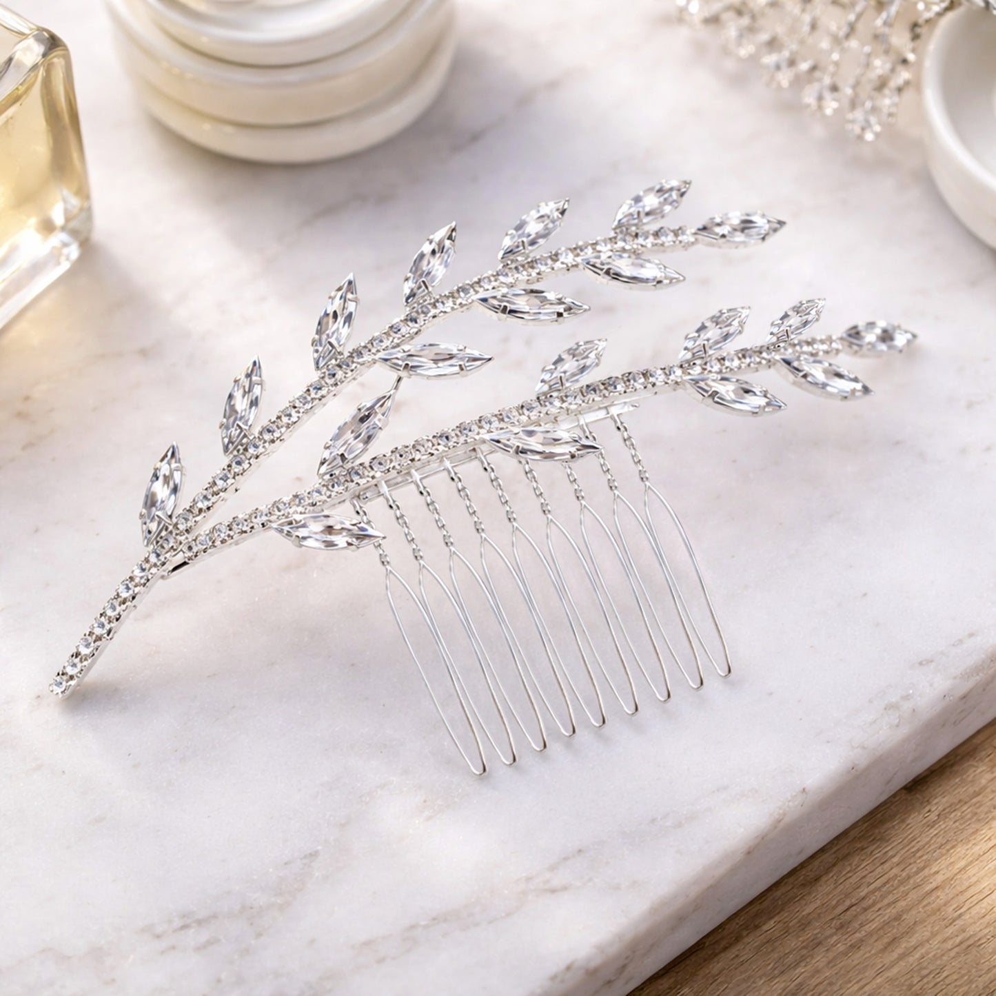 Broche Cheveux Rosée Argentée Feuille de Vigne Cristal