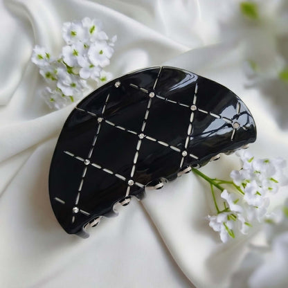 Pince Cheveux Demi-Lune Relief Losanges et Strass Éclat de Jais