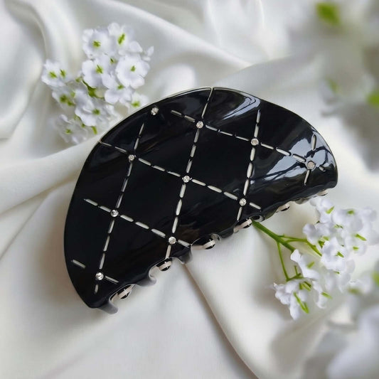 Pince Cheveux Demi-Lune Relief Losanges et Strass Éclat de Jais
