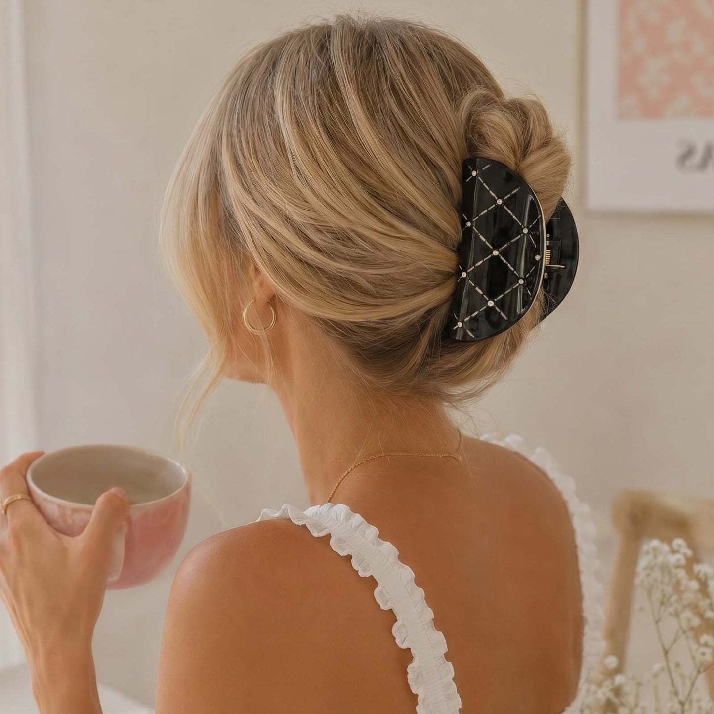 Pince Cheveux Demi-Lune Relief Losanges et Strass Éclat de Jais