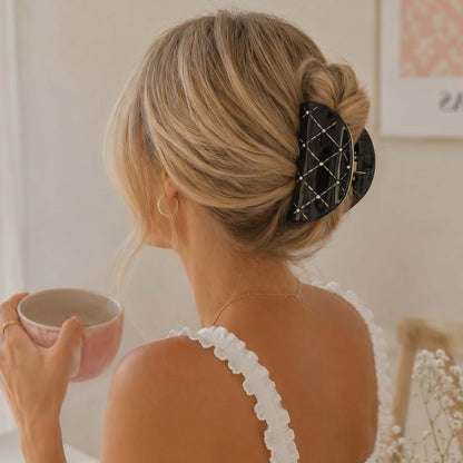 Pince Cheveux Demi-Lune Relief Losanges et Strass Éclat de Jais