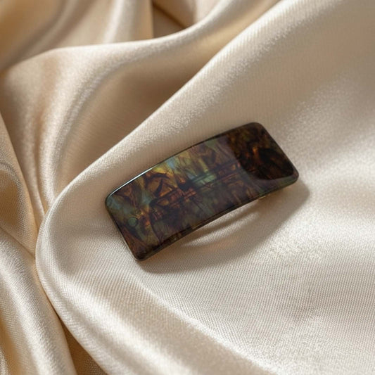 Barrette Clip Rectangle Glossy Chic Ambre Brun Marbré