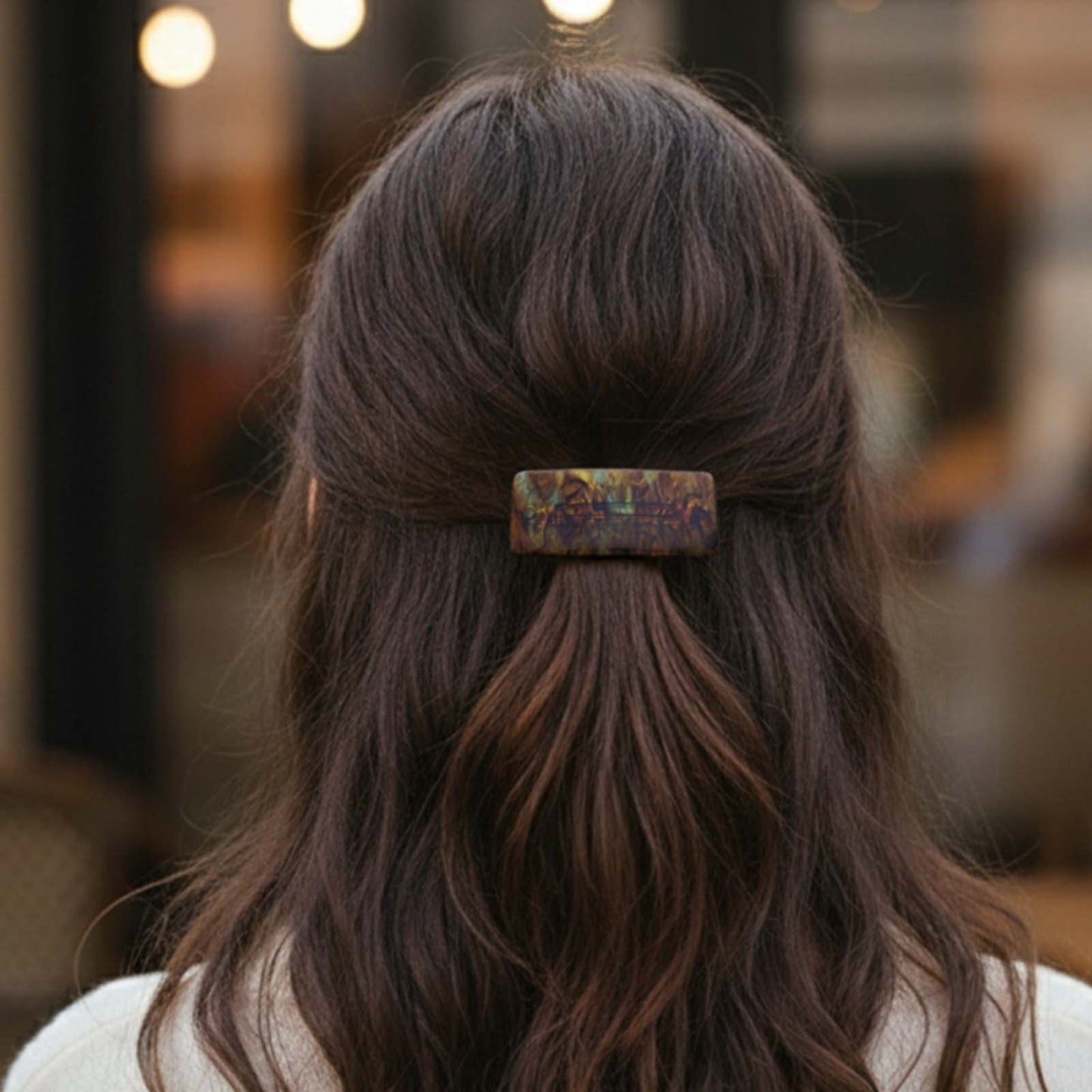 Barrette Clip Rectangle Glossy Chic Ambre Brun Marbré