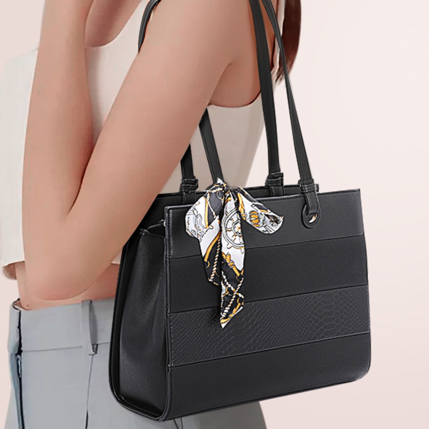 Sac Cabas Multi-Textures à Foulard Jocasta Noir
