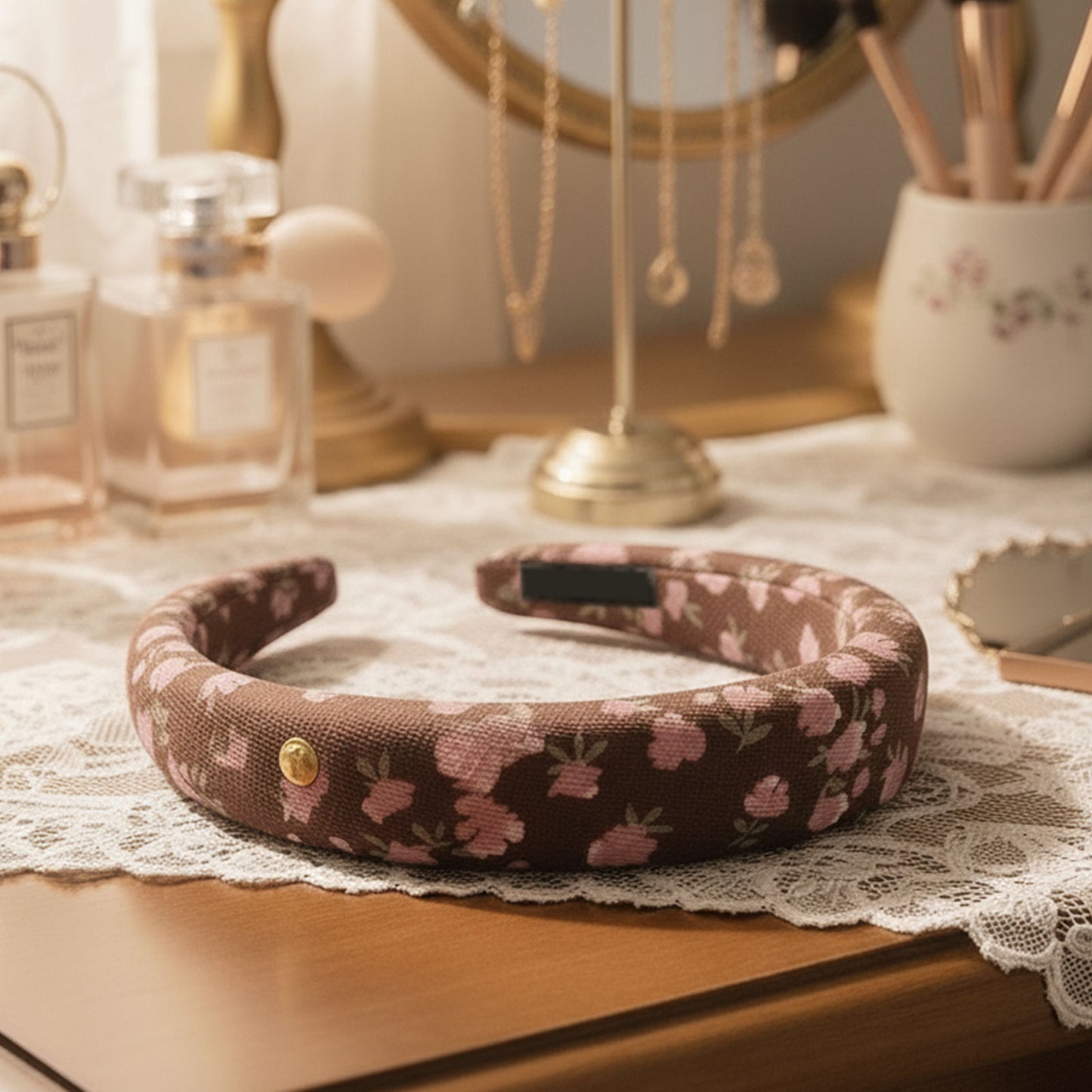 Serre-tête Large Calissa en Tissu Fleuri Marron