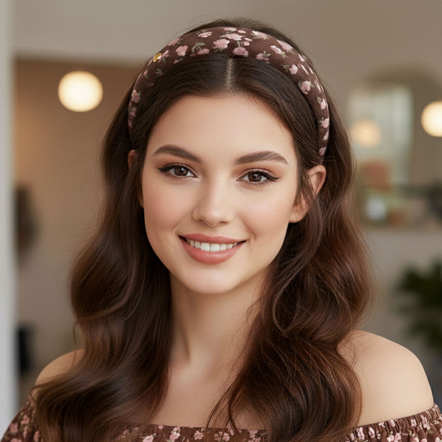 Serre-tête Large Calissa en Tissu Fleuri Marron