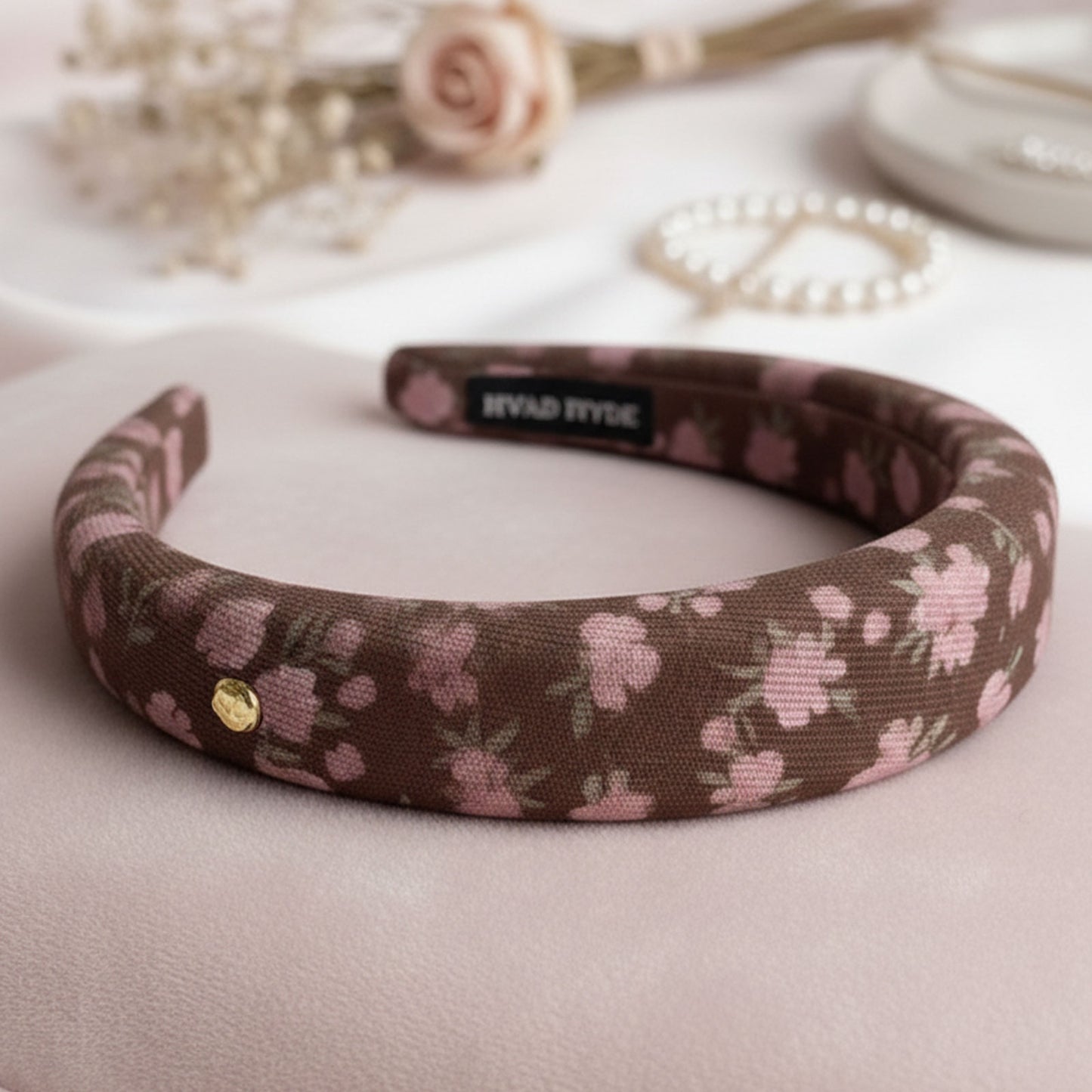 Serre-tête Large Calissa en Tissu Fleuri Marron