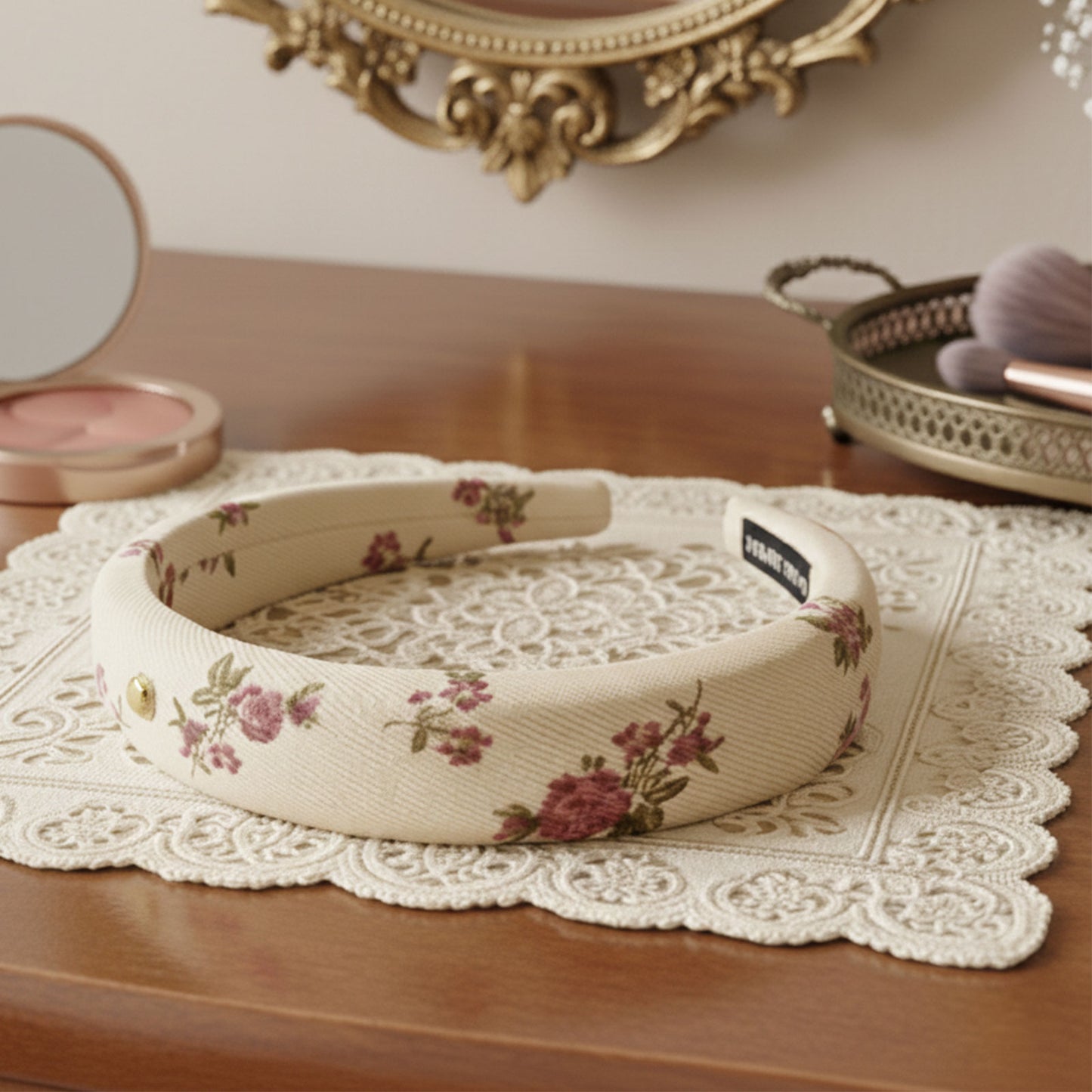 Serre-tête Large Calissa en Tissu Fleuri Crème