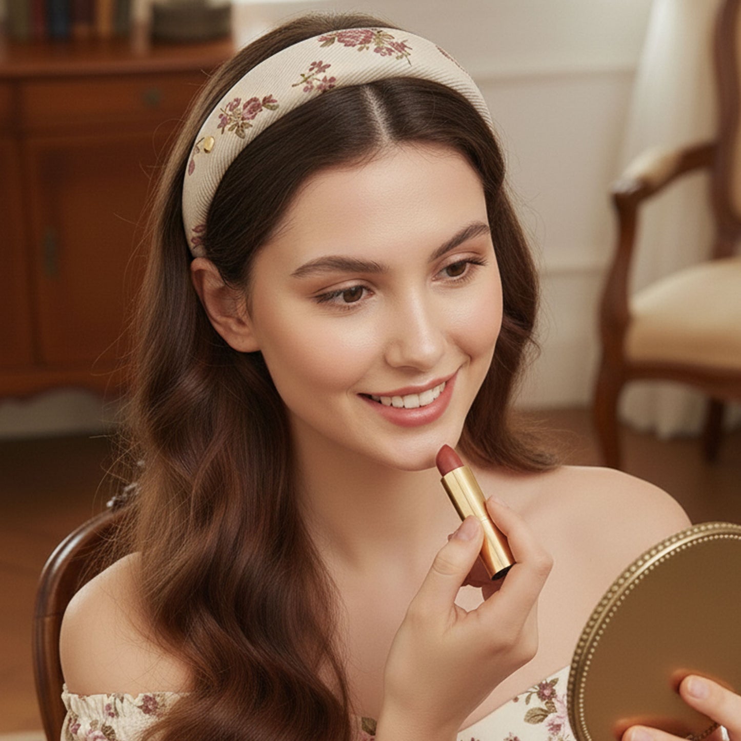 Serre-tête Large Calissa en Tissu Fleuri Crème